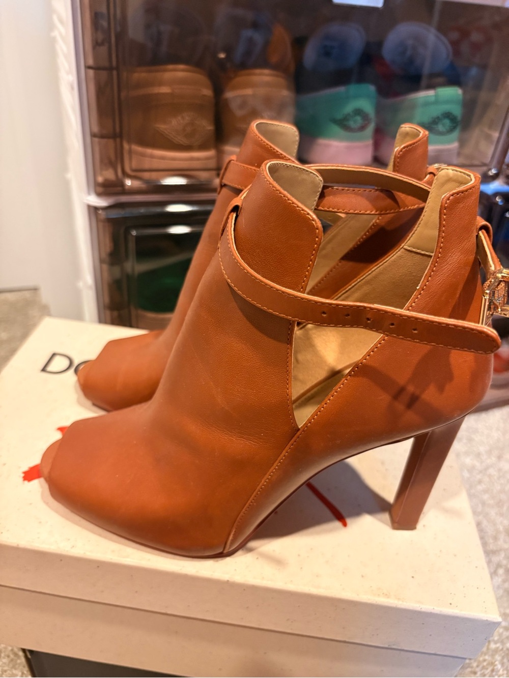 Michael Kors Cognac Leather Cutout Ankle Heels